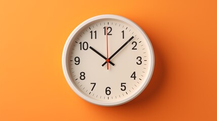 A white wall clock with black numerals on an orange background.