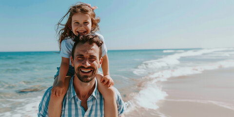 Father's Day Image. Happy Father and Daughter Playing on the Beach