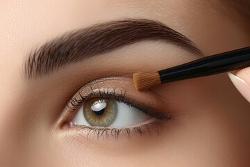 Naklejka premium Makeup artist applying eye shadow on eyes of a beautiful young woman.