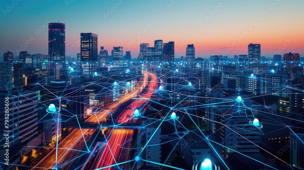 Wall mural smart city with connecting network and internet of things digital graphics over the skyline aig41