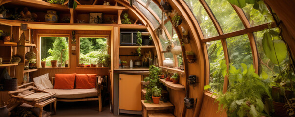 Fototapeta premium A warm and inviting tiny home interior filled with green plants and natural light, reflecting a sustainable and minimalist lifestyle