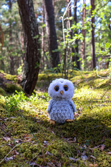 A toy owl in the forest instead of extinct species of owls