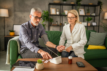 mature man have home visit by a doctor to measure his blood pressure