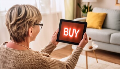 woman holding tablet with text buy