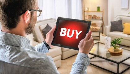man holding tablet with text buy