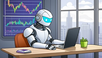 illustration of a roboter trading on a laptop