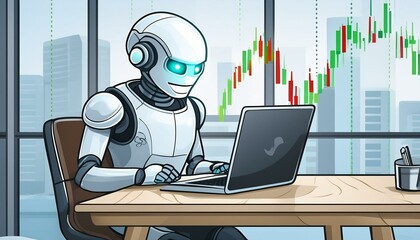 illustration of a roboter trading stocks on a laptop