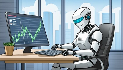 illustration of a roboter trading stock  on a laptop
