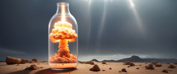A nuclear or atomic explosion in a jar or bottle standing in a room on a desert background. The concept of protecting humanity from the use of dangerous weapons and the beginning of World War 3