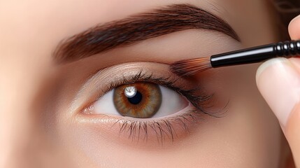 Makeup artist applying eye shadow on eyes of a beautiful young woman.