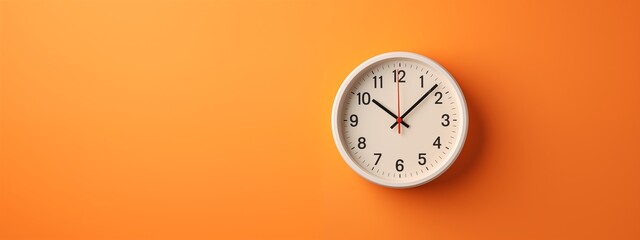 Simple white analog clock on a vibrant orange wall.