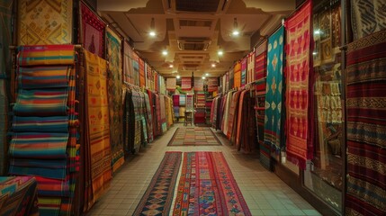 A panoramic view of a handloom weaving exhibition, illustrating the diversity and beauty of handloom fabrics from various regions of India.
