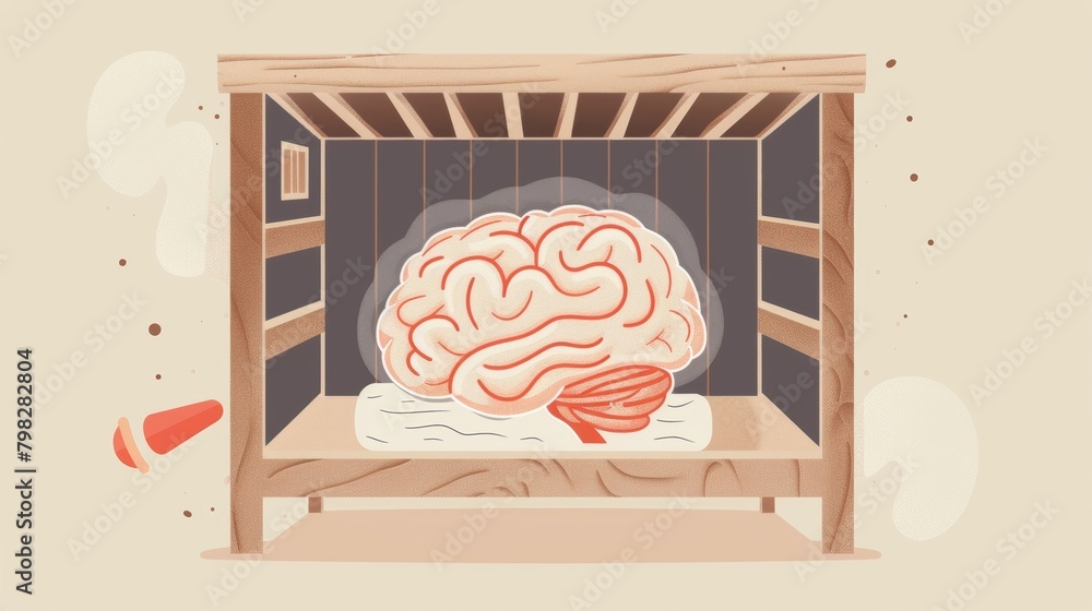 Poster An illustration of a brain resting inside a sauna with the message that heat therapy can improve brain function and help with mental clarity..