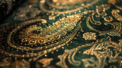 Close-up of a luxury carpet with a detailed paisley pattern in rich emerald green and gold