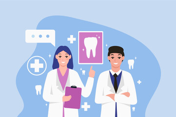 Vector illustration of two dentists pointing at a poster with a picture of a healthy tooth.