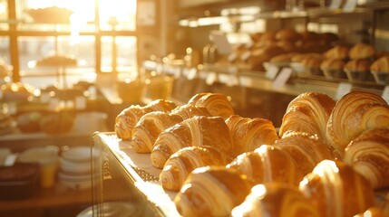 Defocused image 1 The warm glow of the morning sun peeks through the windows of the bustling bakery casting soft shadows on the trays of freshly baked croissants and muffins. .