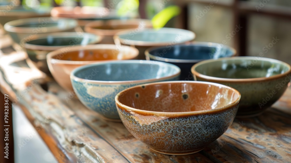 Poster a set of salad bowls each with a different glaze color making them both practical and visually appea