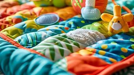 Detailed view of a baby play mat with sensory activities and vivid colors, focusing on different textures and interactive elements - obrazy, fototapety, plakaty