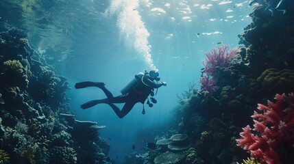 A dynamic and energetic image of a scuba diver exploring a coral reef, representing the importance of responsible and sustainable tourism on World Reef Awareness Day.