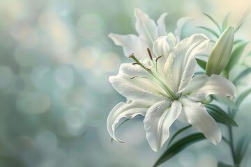delicate white lily blossom on soft focus background ethereal floral fine art photo