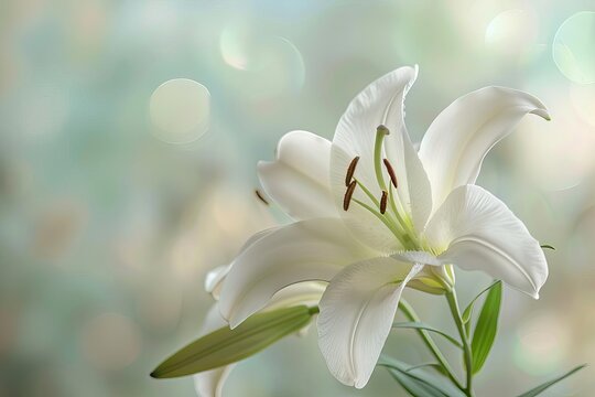 delicate white lily blossom on soft focus background ethereal floral fine art photo