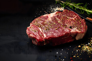Meat steak. Beef steak dry aged with spices on black background. Top view.