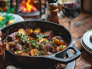 Cozy Winter Warmth: Hearty Beef Stew Simmered in a Cast Iron Pot