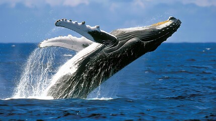 Majestic Humpback Whale Breaching in Open Blue Ocean. Wildlife Photography Capturing a Spectacular Moment. Nature's Beauty in Action. AI