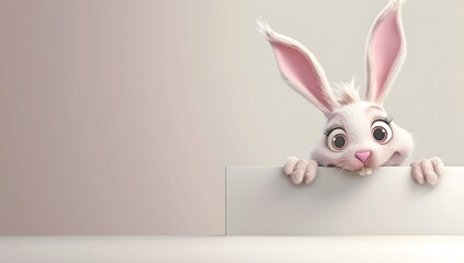 cute rabbit character peeking over the edge of a white banner