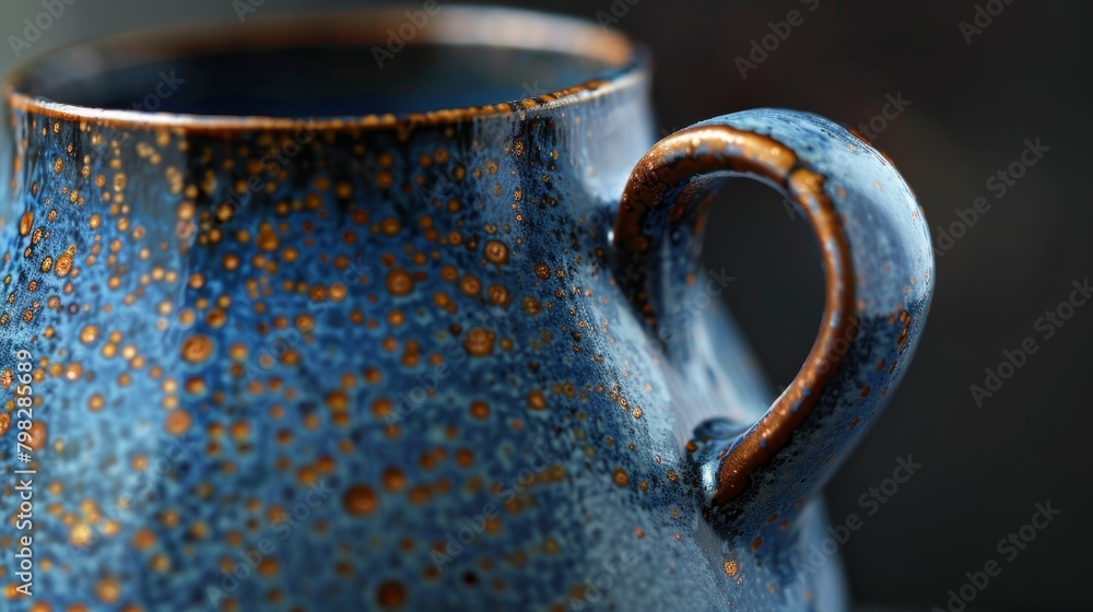Poster a pitcher with a striking combination of smooth dark blue and speckled bronze glazes showcasing the 