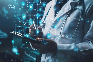 doctor analyzing patient data on clipboard connected to digital health network concept illustration