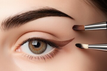Close-up of beautiful female face with makeup brushes. Beauty and fashion concept