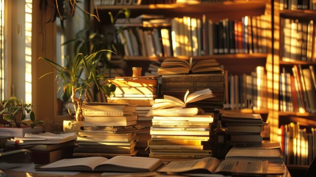 Late afternoon shadows dancing playfully on the haphazard stacks of books and tered stationery atop the desk of a devoted librarian. .