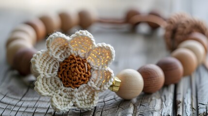 High-resolution image of a baby pacifier clip with wooden beads and a crochet flower, focusing on the natural wood texture and soft fabric