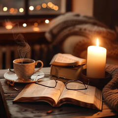A charming reading corner with warm, soft lighting, featuring an open book, glasses, and a steaming cup of coffee on a wooden table
