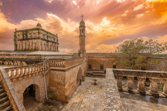 Unique architectural details and blue sky of the Virgin Mary Monastery located in Anitli village of Midyat district of Mardin