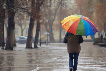 A person walking under a colorful umbrella in a gentle April shower
