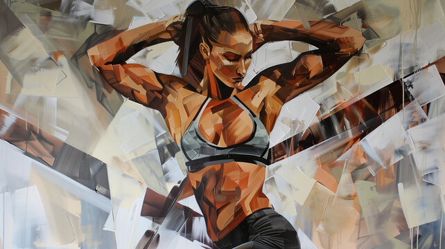 image of painting of the beautiful body builder in the futurism style  roundism painting