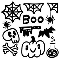 Set of hand drawn doodle Halloween elements. Bones, skull, boo, knife, spider, web, poison, pumpkin. Vector illustration on white