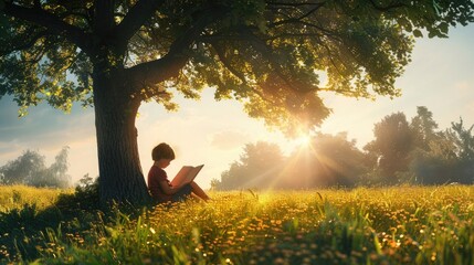 A picturesque view of a child reading under a tree in a sunlit meadow, capturing the magic and wonder of storytelling on International Literacy Day.