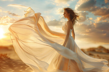 Fototapeta na wymiar A woman in the wind, her dress billowing like fabric against an open sky