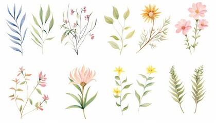 A collection of watercolor flowers in various colors and sizes