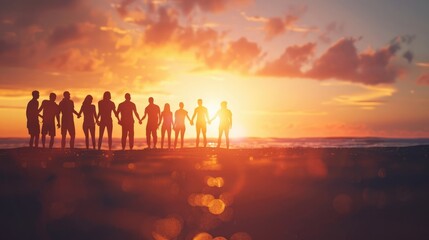 A poignant image of a group of people holding hands in solidarity on International Overdose Awareness Day, with a backdrop of a sunset.