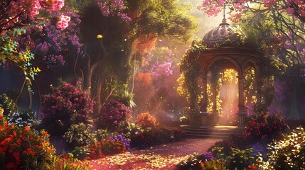A lush, vibrant garden filled with cascading vines and colorful flowers, with a hidden gazebo bathed in soft, golden light. - obrazy, fototapety, plakaty