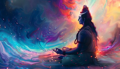 Shiva Meditating in Colorful Illustration with Epic Lighting
