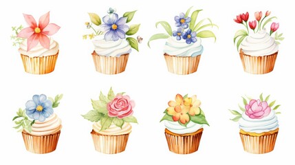 A set of cupcakes with flowers on top
