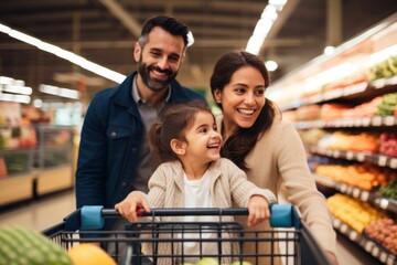 A joyful Hispanic family pushing supermarket cart during discount time shopping adult child. - obrazy, fototapety, plakaty