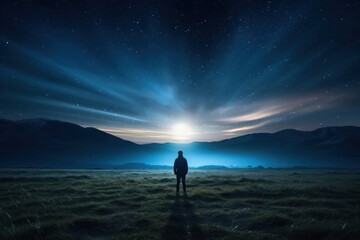 A man standing in a field by a glowing milky way stars photography landscape mountain.