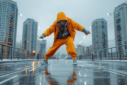 Man Skateboarding in Orange Outfit on City Street - Powered by Adobe