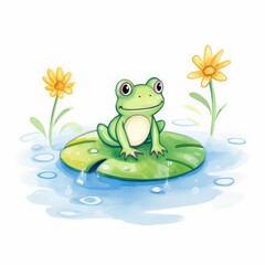 A cartoon frog is sitting on a lily pad in a pond